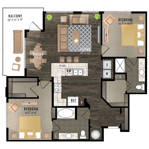 Floor plan for 2 beds, 2 baths, 1181 sqft